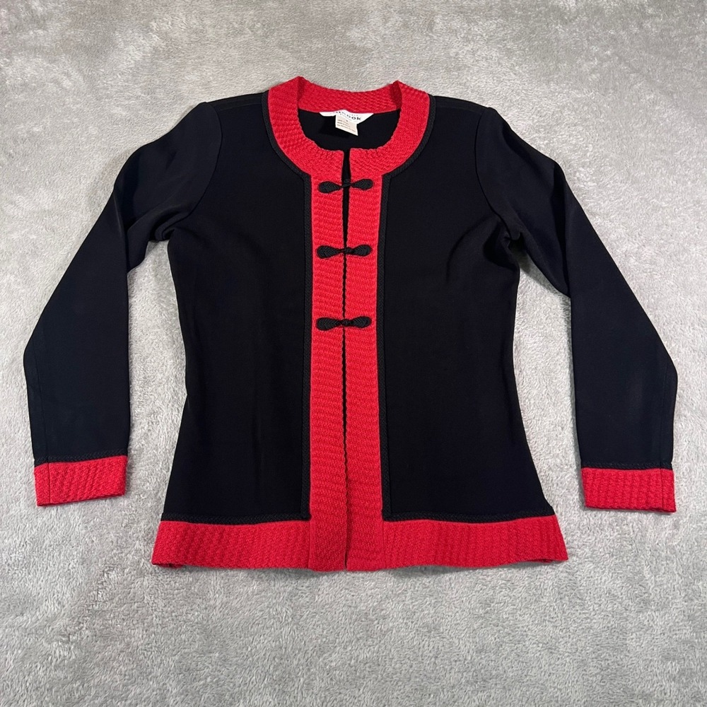 MISOOK Cardigan‎ Womens Small Black Red Petite Knit Button Front Career